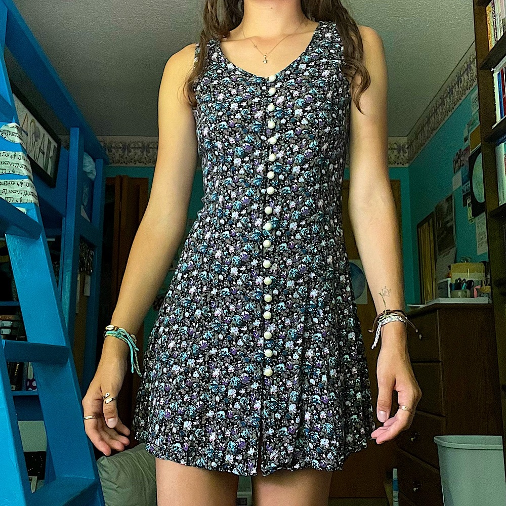 Boho floral pearl button mini dress